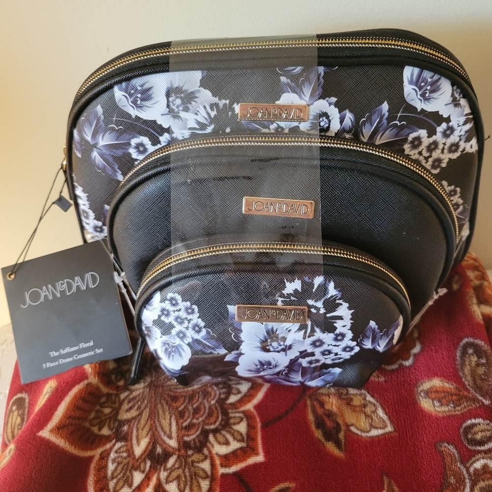 Joan & David Black and White Floral Cosmetic Bag Trio.